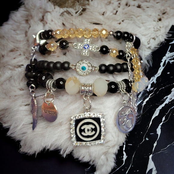Black CC Crystal Namaste Charmed bracelets Set - Picture 2 of 7